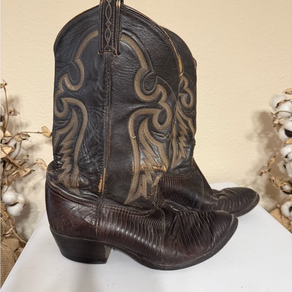 Bottes Tony Lama Homme Vintage Cuir Exotique Lézard Brun Taille US 8 B Western